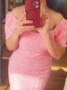 Pink Eyelet Off-Shoulder Dress